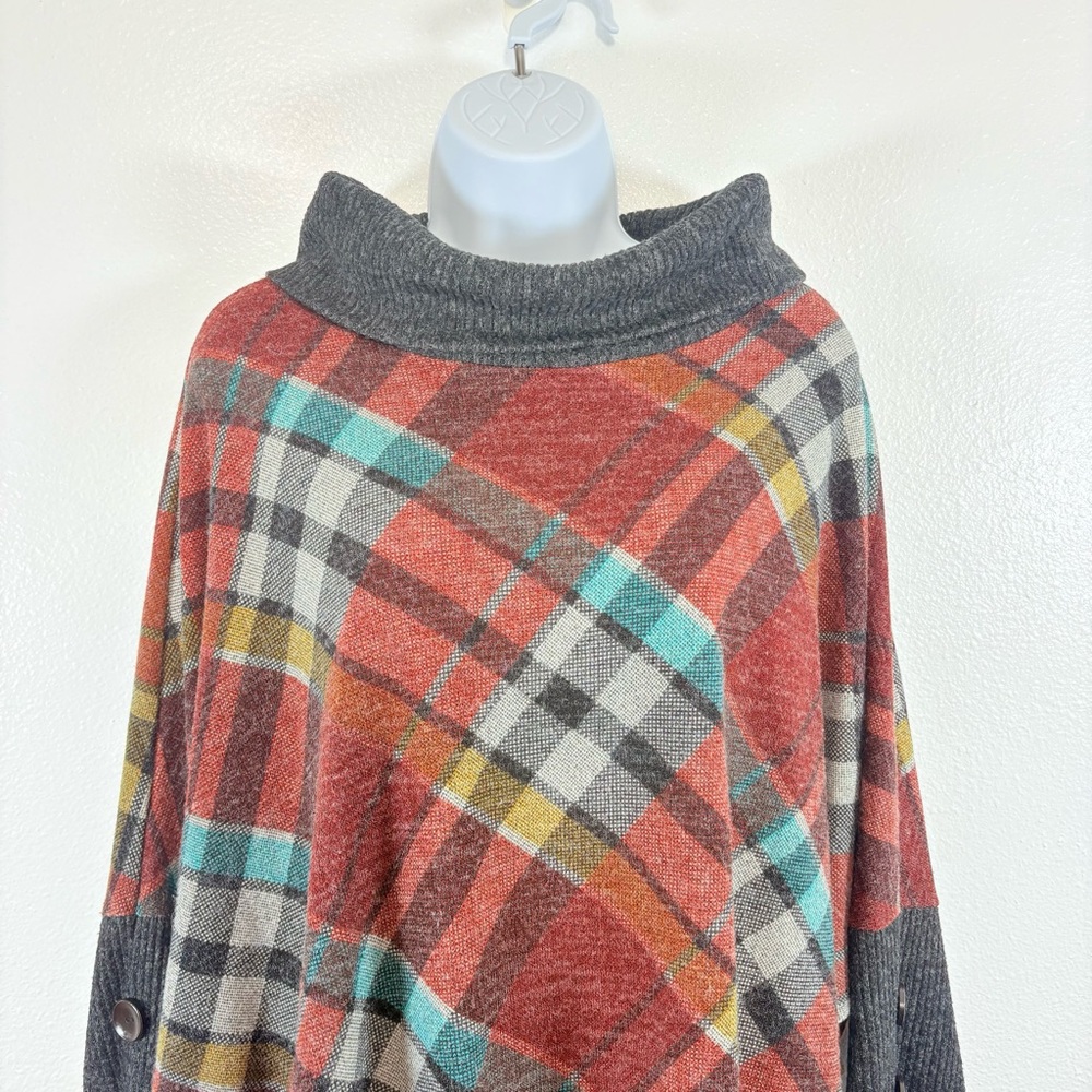 Chris & Carol Multicolor Plaid Cowl Neck Artsy Boho Lagenloom Poncho Sweater 2XL - Picture 4 of 15